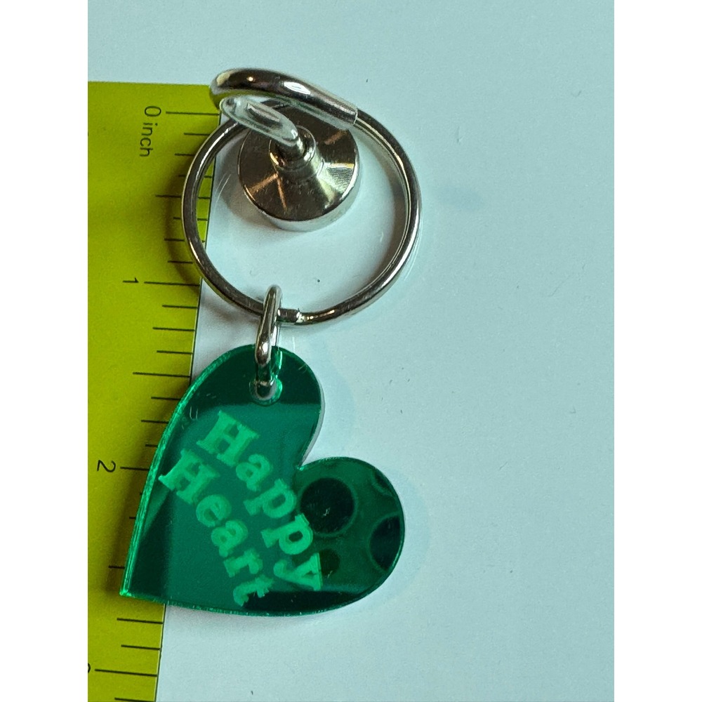 Green Acrylic Happy Heart Keychain Silver Mirror Backing Bag Charm Accessory